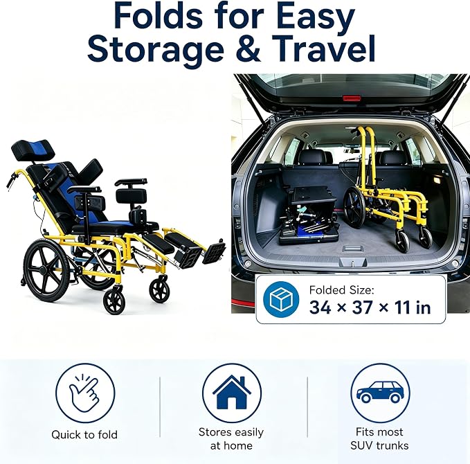 Pediatric Full Reclining Wheelchair - Heavy Duty 220 lbs Capacity Folding Kids Wheelchair with Elevating Footrest, Headrest & Meal Tray, Portable Mobility Aid for Children with Special Needs (Yellow)
