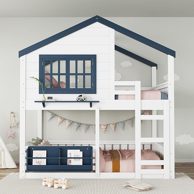 Full Size House Bunk Bed Frame with Storage Bookshelf, Window, Wooden Floor Bunk Bed with Fences, Space Saving for Kids Adults, No Noise, White
