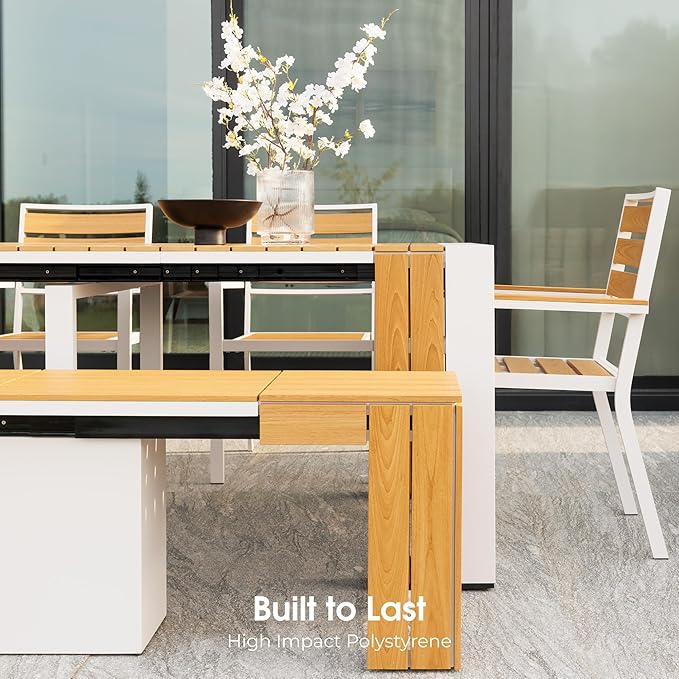 Transformer Table - Extendable Outdoor Dining Set up to 12, Expandable Patio Table, Weather-Resistant Patio Furniture, Light Oak, Natural (Table + Bench + 4 Chairs)
