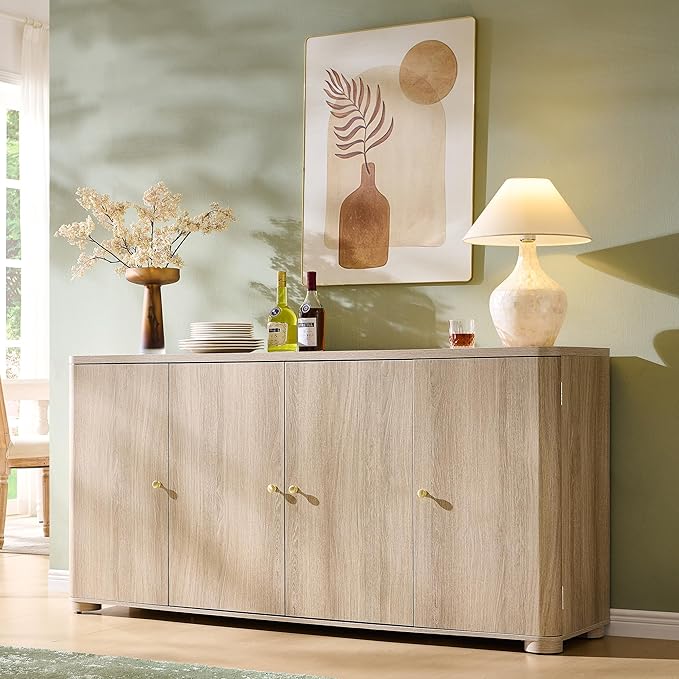 Curved Buffet Cabinet with Doors, 66" Large Sideboard Buffet Storage Cabinet with 4 Doors and Shleves, Modern Coffee Bar Station Wood Kitchen Table for Kitchen, Dining Room, Light Grey