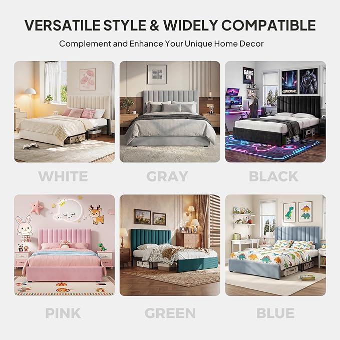 Welzona Full Size Velvet Bed Frame with Headboard, Fully Upholstered Metal Platform Bed with Vertical Channel Tufted Headboard, 3-Level Height, Metal Slat Support, Noise-Free Easy Assembly, Green