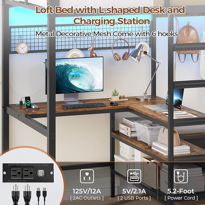 DICTAC Twin Loft Bed with L-Shaped Desk,Storage Shelves and Charging Station Metal Loft Bed Twin Size with LED Lights,Coat Rack with Drawers and Stair,Top Bunk with Safety Guardrail for Teen,Black