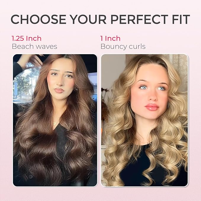 TYMO オートカールヘアアイロン - TYMO CURLPRO ビーチウェーブヘアアイロン、ポータブルヘアカーラー、5億マイナスイオン、デュアルボルテージ＆軽量旅行用、セラミックコーティング、1 1/4インチ、ピンク