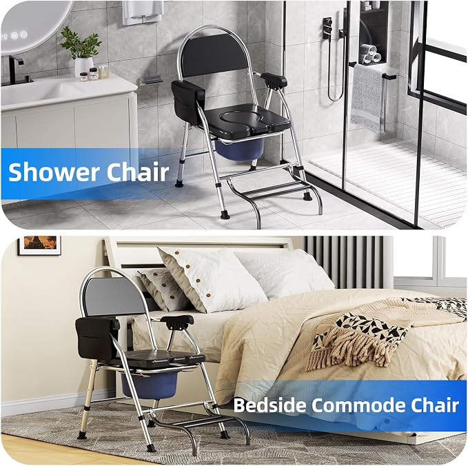 Folding Bedside Commode Chair for Elderly with Adjustable Height, Toilet Seat with Footrest and Soft PU Seat Cushion, Adults Potty Chair with Storage Cloth Bag for Seniors, Disabled (Black)