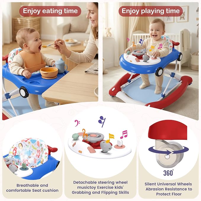 Baby Walker, 5-in-1 Baby Walker for Boys and Girls with Bouncer, Removable Footrest, Music, Foldable & Adjustable Speed Wheels Activity Walker for 6-18 Months Toddler Infant(Red Blue)