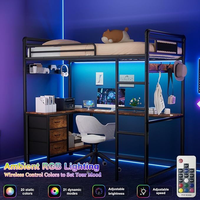 Twin Loft Bed with L Shape Desk, Gaming Bunk Bed with Stairs, Metal Loft Bed Heavy Duty Loft Beds for Adults, 3 Fabric Drawers, LED Lights & Charging Sation, Pegboard & Cloth Hangs