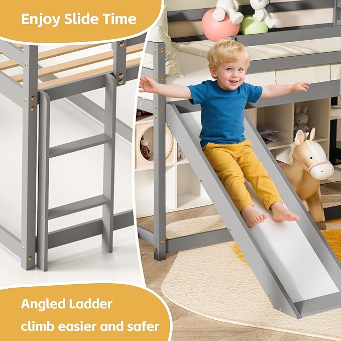 TOLEAD Low Bunk Bed with Slide, Floor Loft Bed with Climbing Ladder, Wood Twin Bunk Bed Frame with Full Guardrails & Storage Space for Kids Toddler