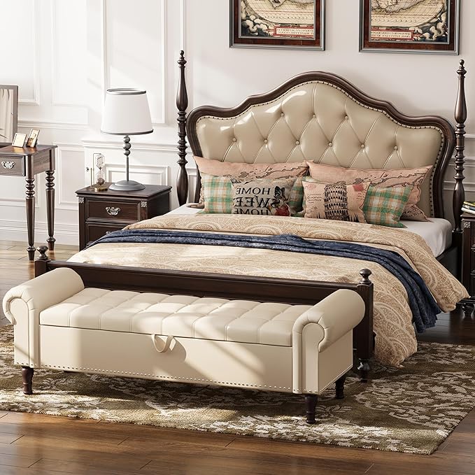 Apicizon 60” Bench with Storage, Faux Leather Ottoman Bench with Rolled Arm & Vintage Rivets, End of Bed Bench for Bedroom, Living Room, Entryway, Beige+Brown Legs