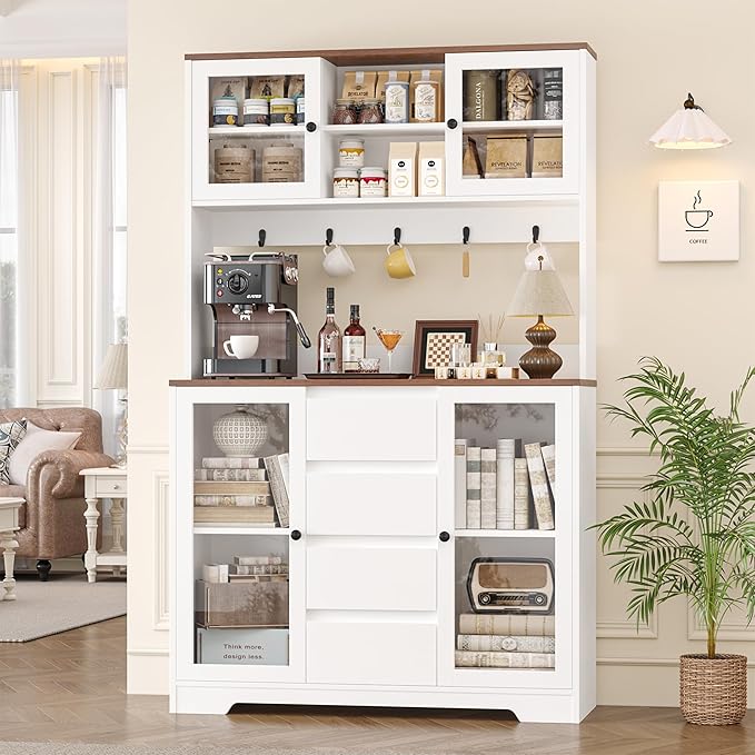 HIFIT 71" Tall Coffee Bar Cabinet with Storage and Large Countertop, Kitchen Hutch with 4 Drawers & 5 Metal Hooks & 4 Doors & Microwave Stand, White Kitchen Pantry Cabinet for Dining Room