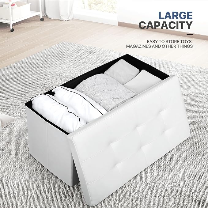 MoNiBloom 30 Inch Storage Ottoman Bench, 24 Gal. Folding Ottoman Footrest, End of Bed Bench, Rectangle Foot Stool, Supports 600 lbs, for Bedroom, Living Room, Entryway, Hallway, White