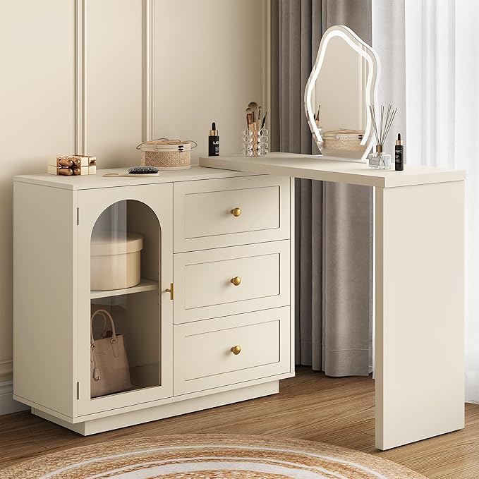 RoyalCraft 59” Large Makeup Vanity Desk, Beige L Shaped Corner Vanity Table with 3 Drawer & 1 Door, Modern Extendable Dressing Table, Vanity Dresser Combo for Bedroom, Dressing Room (Without Mirror)
