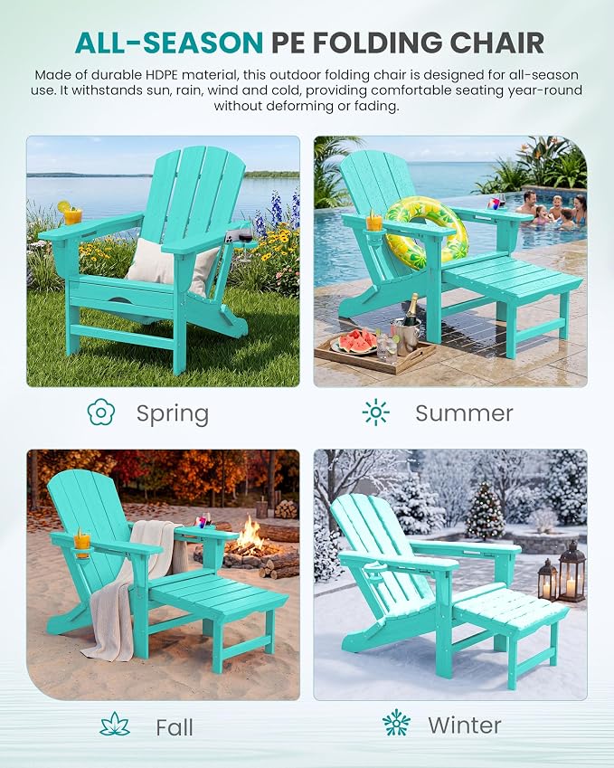 SERWALL Folding Adjustable Adirondack Chairs with Footrest Set of 2, HDPE Outdoor Chair with Dual Cup Holders, All Weather Adirondack Chair with Ottoman, Aruba