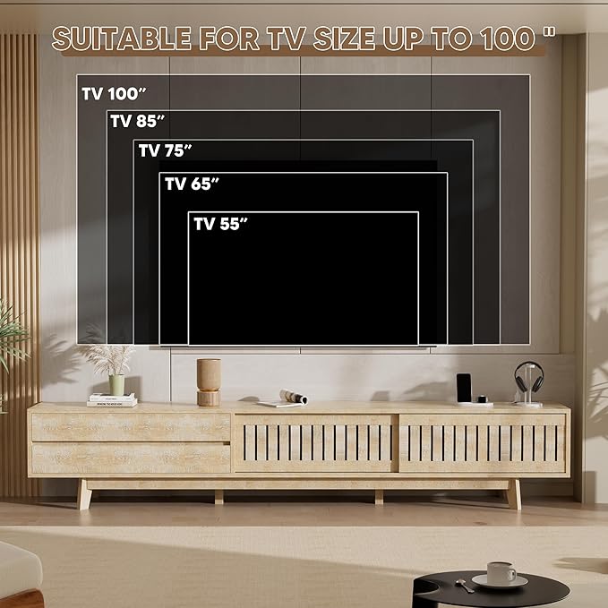 TV Stand for up to 100 Inch TVs, 94.5" Entertainment Center with Storage & Power Outlet, Mid Century Modern Media Console w Drawers and Sliding Door, Television Stand for Living Room, Natural