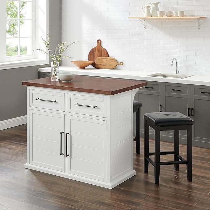 Crosley Furniture Bartlett Kitchen Island with Wood Top and Upholstered Square Stools, White/Black