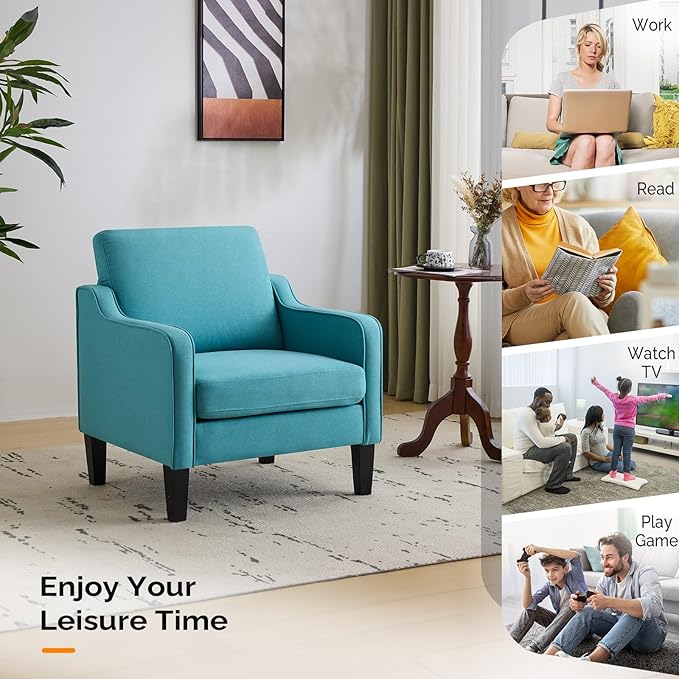 VINGLI Accent Chairs Set of 2 Blue Linen Living Room Chairs Reading Chair for Bedroom Scooped Arm Chair Mid Century Modern Accent Chair Upholstered Comfy Chair for Apartment, Waiting Room