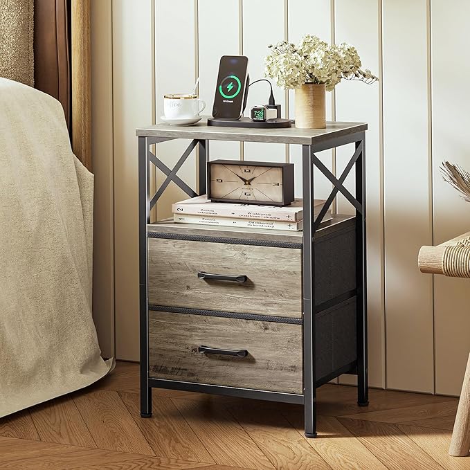 Huuger Nightstands Set of 2, Night Stand with Charger Station, 2 Drawer Side Table with Open Shelf, USB-C Port, End Table for Small Spaces, X Shaped Side Rail, Oak