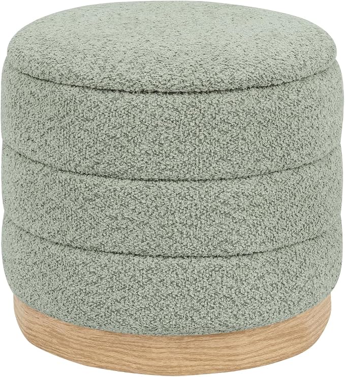 Round Storage Ottoman with Reversible Tray Lid, Folding Chenille Fabric Footrest with Hidden Storage, 15.4" Footstool for Small Spaces Living Room Bedroom, Wood Grain Base, Sage Green
