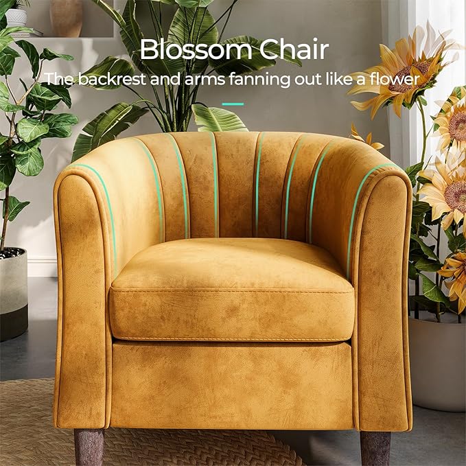 LINSY Accent Chair with Ottoman, Modern Barrel Chair Comfy Armchair Reading Chair with Footrest, Round Arms Chair for Living Room Bedroom Reading Room, Velvet, Yellow