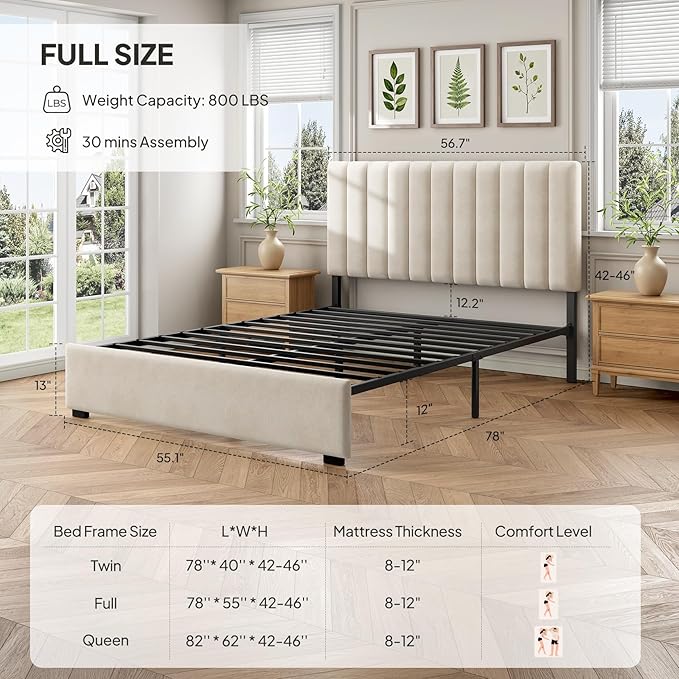 Welzona Full Upholstered Bed Frame with Headboard, Velvet Upholstered Metal Platform Bed with Vertical Channel Tufted Headboard, 3-Level Height, Metal Slat Support, Noise-Free Easy Assembly, White