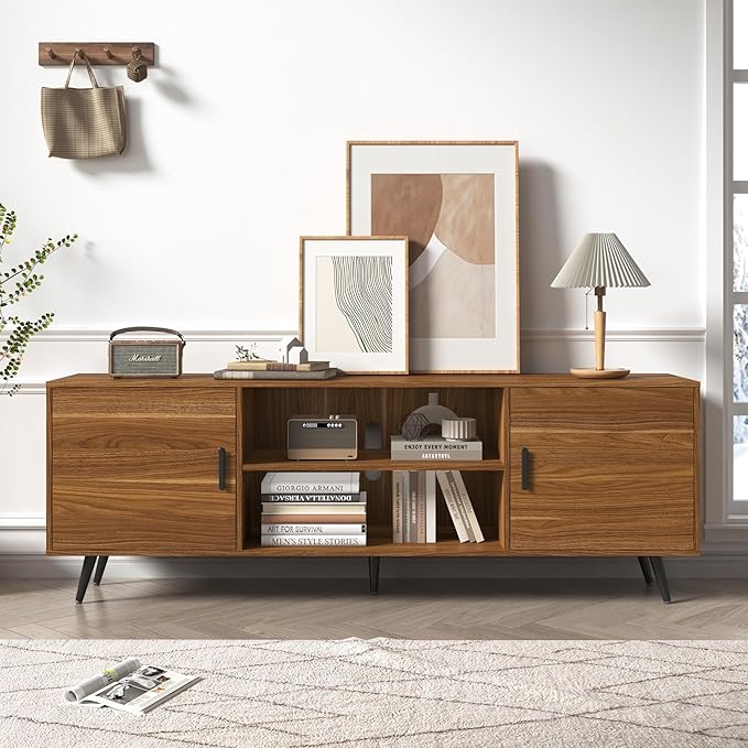 70 Inch Mid Century Modern TV Stand for 75 Inch TV, Wood TV Stand with Storage, Entertainment Center for Living Room Bedroom, TV Media Console, Walnut