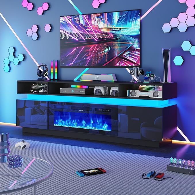 chartustriable Fireplace TV Stand for 95" TV, 83" LED Entertainment Center with 40" Fireplace & Power Outlets, High Gloss TV Stand, Gaming TV Media Console for Living Room, 83 Inch, Black