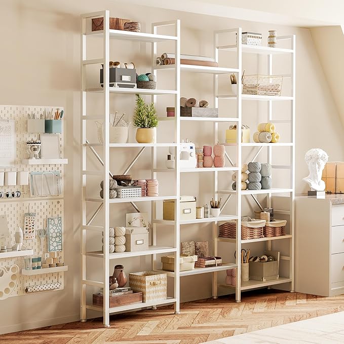 SUPERJARE Triple Bookshelf, Bookcase with 17 Open Display Shelves, Wide Book Shelf Book Case for Home & Office, 6 Tier, White