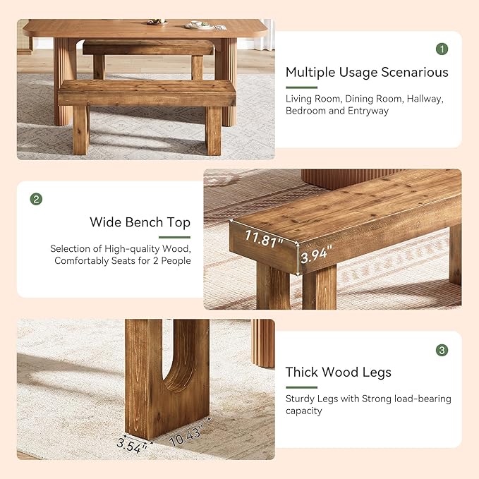 47" Long Solid Wood Dining Bench, Farmhouse Indoor Narrow Kitchen Table Bench with Sturdy Legs for Dining Room, Kitchen, Living Room, Easy Assembly, Rustic Brown