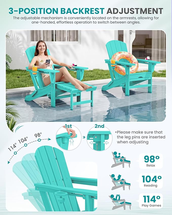 SERWALL Folding Adjustable Adirondack Chairs with Footrest Set of 4, HDPE Outdoor Chair with Dual Cup Holders, All Weather Adirondack Chair with Ottoman, Aruba