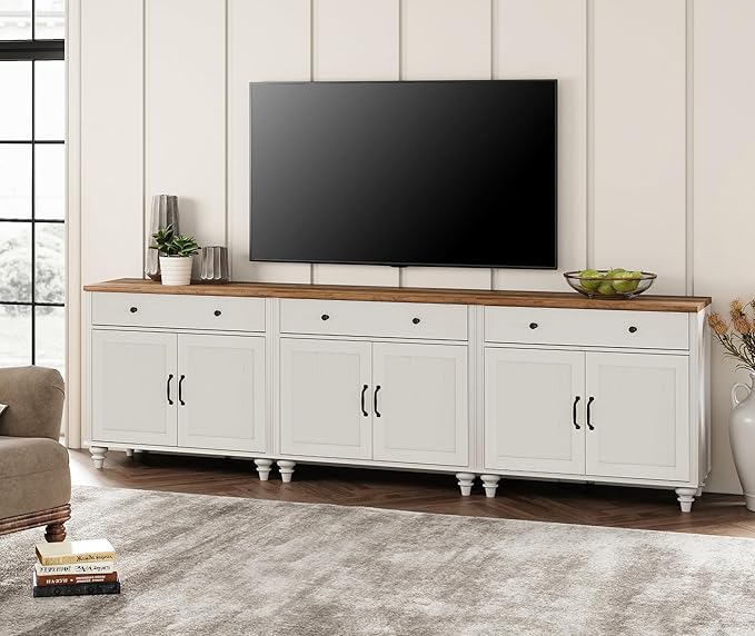 WAMAPT Buffet Cabinet with 6 Doors and 3 Drawers, Large Coffee Bar Table Wood Kitchen Storage Cabinets, Modern Farmhouse Sideboard Credenza for Dining Room, White, 101 inch
