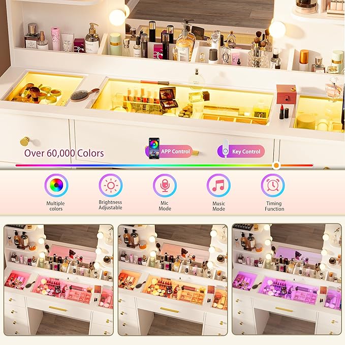 LAKEMID Vanity Desk with Mirror and Led Lights, Glass Top Makeup Table with 9 Drawers & Power Outlet,3 Lighting Modes & Adjustable Brightness,White Vanity Dressing Table for Women Girls Bedroom