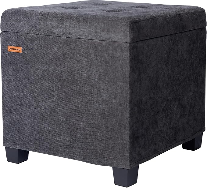 ABHENG Chenille Cover Steel Frame Ottoman with 48L Storage,17.7" x 17.7" x 17.7" Square Linen Storage Ottoman Stool Cube with Legs,for Dorm Livingroom Charcoal UASND641B