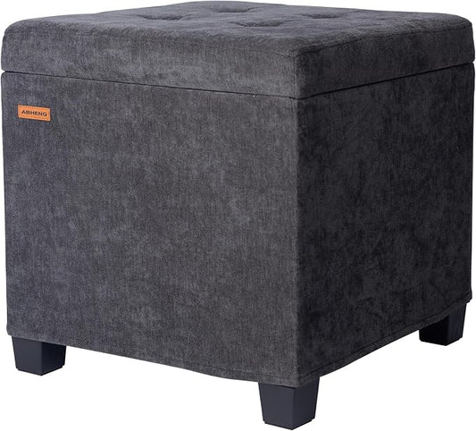 ABHENG Chenille Cover Steel Frame Ottoman with 48L Storage,17.7" x 17.7" x 17.7" Square Linen Storage Ottoman Stool Cube with Legs,for Dorm Livingroom Charcoal UASND641B