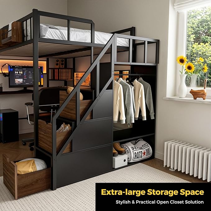 Kikihouse Twin Loft Bed with Desk, Storage Stairs & Wardrobe, Metal Loft Bed Frame w/Headboard, Bedside Shelf, Charging Station & 6 Drawers, LED Gaming Bed for Adult Space-Saving, Black & Walnut