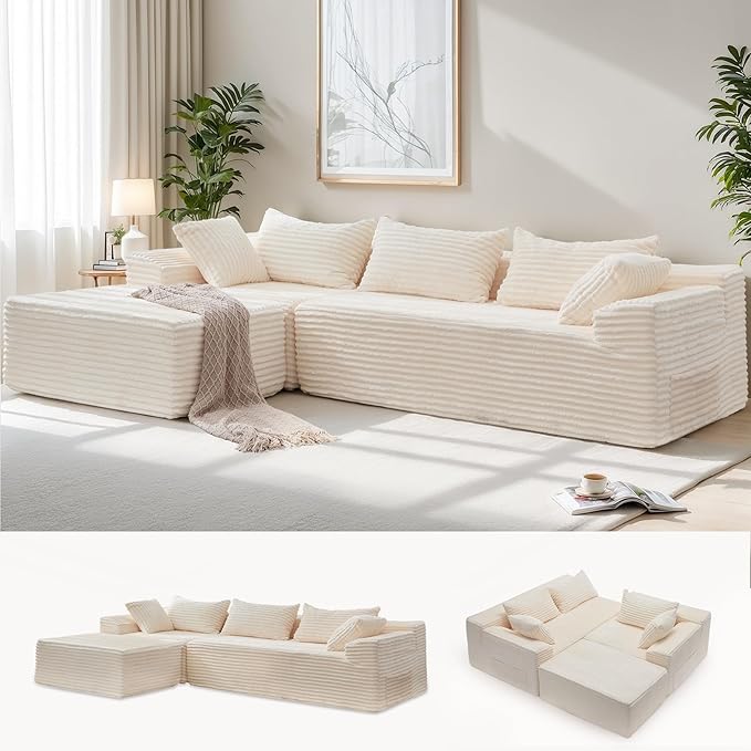 Korser 110" L-Shaped Modular Sectional Sofa with Chaise, Boneless Comfy Corduroy Fluffy Couch with Deep Seat and Side Pockets, Flexible Module Combination for Living Room, No Assembly, Side Pockets