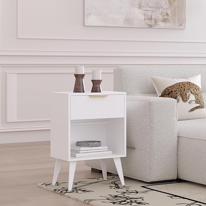 YAUKOMEL Fluted Night Stand with Opening Storage,Mid Century Bedside Table with Drawer,Modern Nightstand with Solid Wood Legs,End Table Side Table for Living Room,Bedroom,White CTG56W