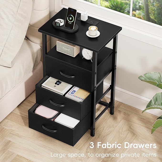 Vagusicc Nightstand with Charging Station, Bedside Table with USB Ports and Outlet, End Table Side Table with 3 Fabric Drawers and Storage Shelf, Bed Side Table Black Night Stand for Bedroom, Black