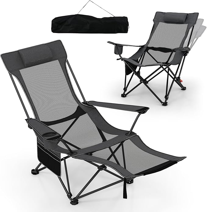 Goplus Camping Lounge Chair w/Detachable Footrest, Folding Beach Chair w/4-position Backrest, Carrying Bag, Removable Pillow, Cup Holder, Storage Pouch, Reclining Chair, 330LBS Capacity (Grey,1)