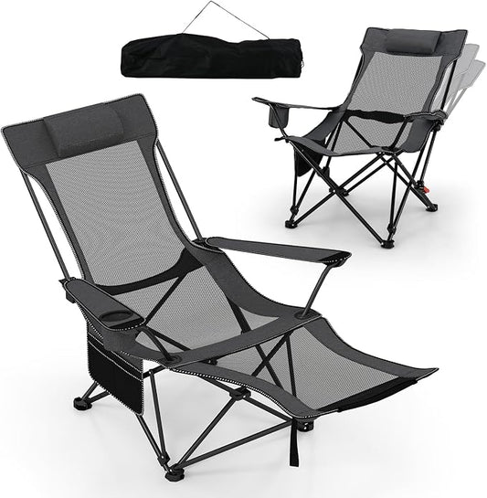 Goplus Camping Lounge Chair w/Detachable Footrest, Folding Beach Chair w/4-position Backrest, Carrying Bag, Removable Pillow, Cup Holder, Storage Pouch, Reclining Chair, 330LBS Capacity (Grey,1)