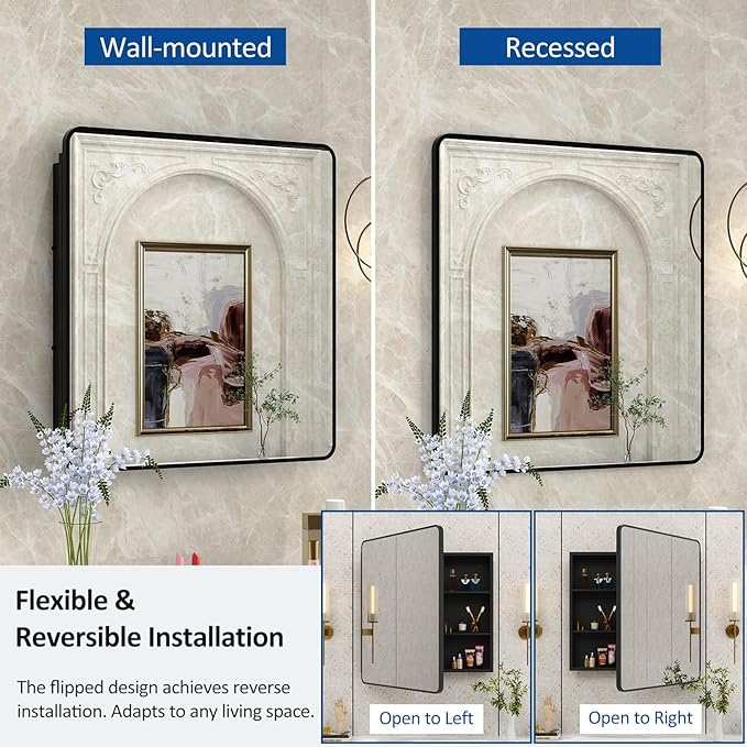 ACEMIRO 30x32 Inch Bathroom Medicine Cabinet with Mirror Black Metal Framed Mirror Cabinet Recessed or Surface Wall Mounted Medicine Cabinets for Bathroom
