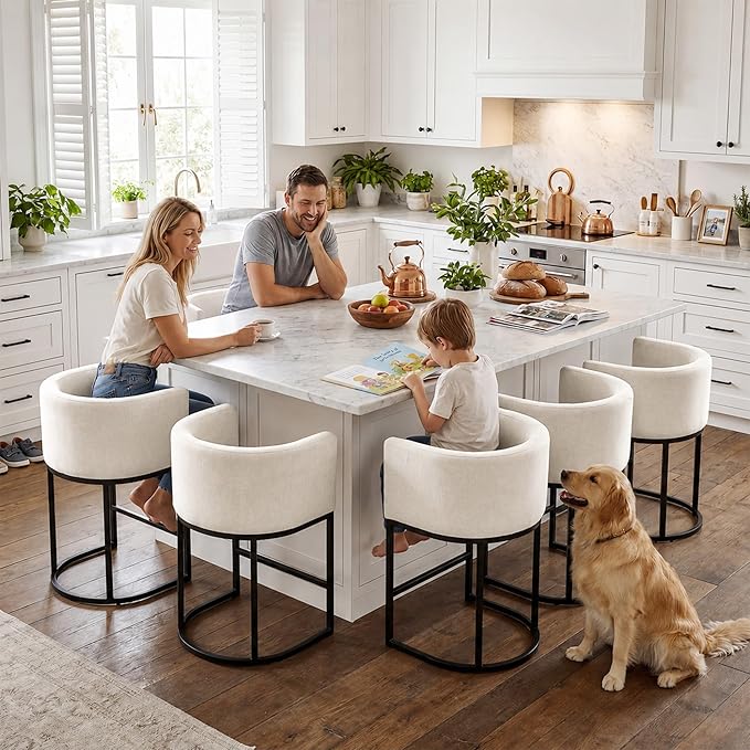 GRUSIGN Chenille Counter Height Bar Stools Set of 2, 26" Kitchen Island Stools with Arms & Footrest, Upholstered Barrel Back Bar Chairs for Kitchen， Dining Room, Bar & Lounge Area, 450 lbs, Off-White