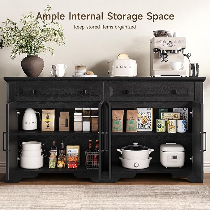 ONBRILL 63" Sideboard Buffet Cabinet, Kitchen Buffet Storage Cabinet, Large Credenza with Drawers & Doors, Wood Coffee Bar Console Wine Bar for Living Room Hallway Black