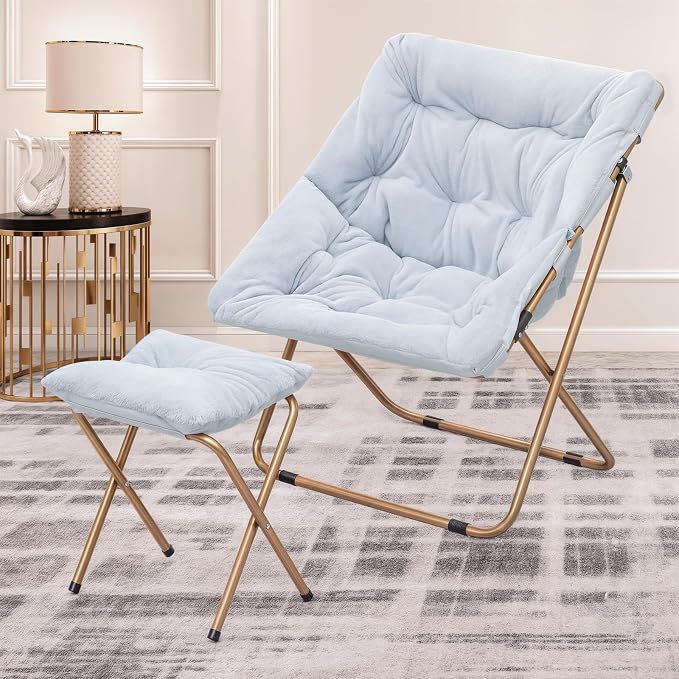 MoNiBloom Square Folding Faux Fur Saucer Chair for Bedroom Living Room Dorm Foldable Metal Frame Oversized Large Comfy Furry Padded Soft Cozy Moon Chair with Footrest Ottoman for Adults (Blue)