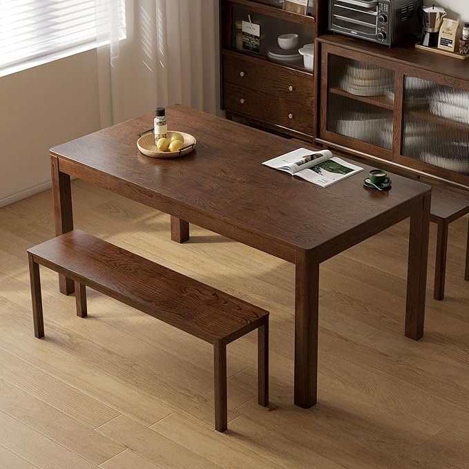 100% Solid Oak Wood Dining Bench, 47.3'' Entryway Bench Extra Chair Seat Long Ottoman with Squre End & Round Corner for Kitchen Living Room Bedroom, Walnut
