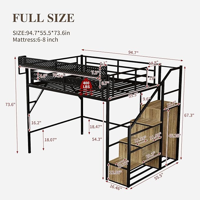 Full Size Metal Loft Bed with Storage Shelf Built-in USB Port, Heavy Duty Loft Bed w/Storage Stairs & Wardrobe+ LED Lights for Bedroom, Large Under-Bed Area, Noise Free, No Box Spring Needed