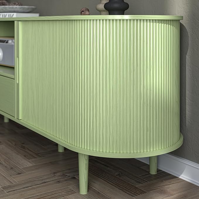 DHH 71" Fluted TV Stand with Power Outlet for TVs up to 80", TV Console with Adjustable Shelves and Sliding Door,Mid Century Modern Entertainment Center for Living Room,Bedroom (Green, 71Inch)
