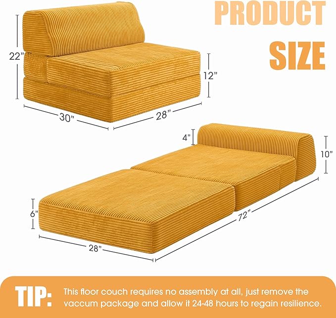 Kasunpul Folding Sofa Bed with Pillow, Memory Foam Fold Out Chair Bed, Convertible Sleeper Chair with Washable Cover, Futon Floor Couch for Living Room/Dorm/Guest Use/Home Office/Apartment,Orange