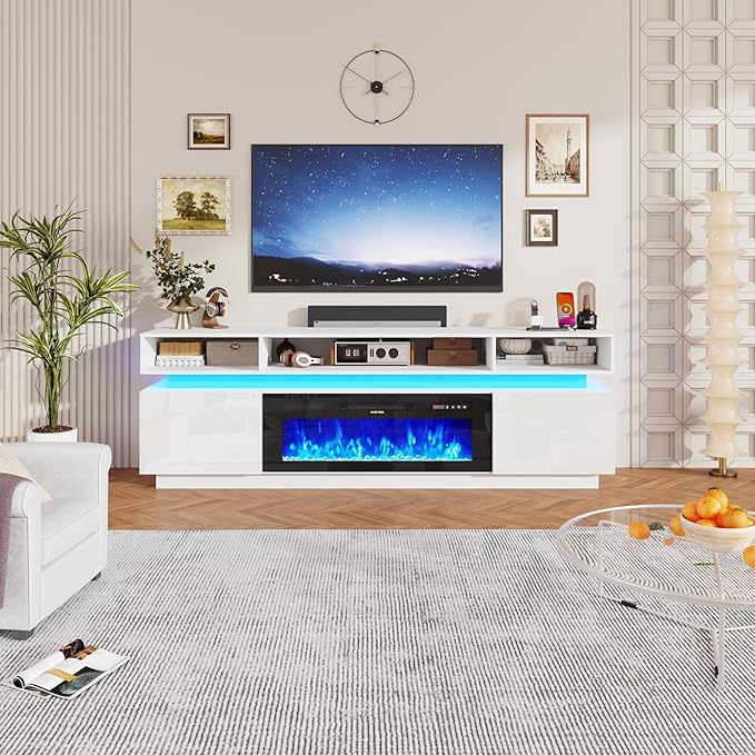 chartustriable Fireplace TV Stand for 95" TV, 83" LED Entertainment Center with 40" Fireplace & Power Outlets, High Gloss TV Stand, Gaming TV Media Console for Living Room, 83 Inch, White