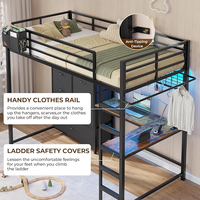 DICTAC Twin Loft Bed with L-Shaped Desk and 7 Storage Drawers,Metal Twin Size Loft Bed for Kids with LED Lights and Charging Station,13.11" H Safety Guardrail and Ladder,No Box Spring Needed, Black