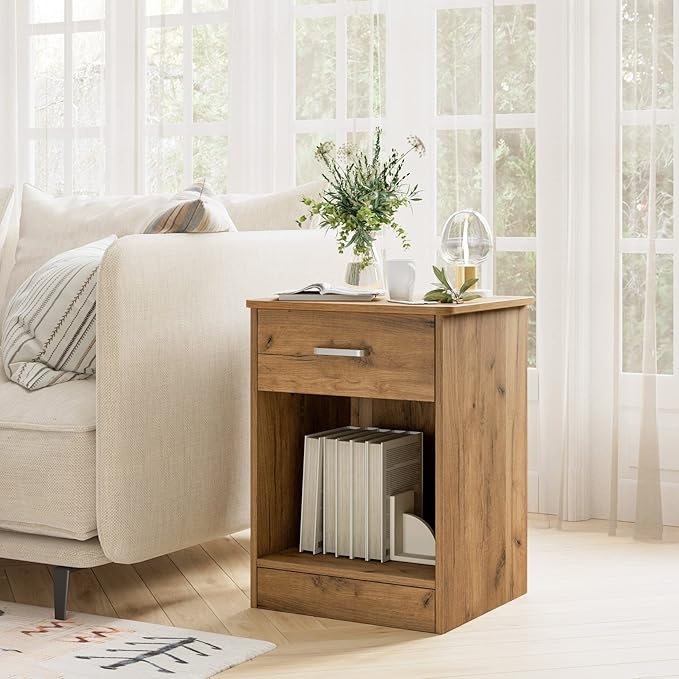 FOTOSOK Nightstand Set of 2, Wood Night Stand Side Table with Drawer and Storage Shelf, Bedside Table End Table, Night Stand for Bedroom, Home Office,Wooden Grain