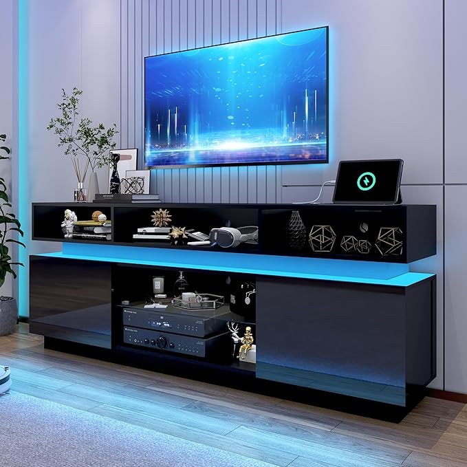 chartustriable LED TV Stand for 80 Inch TV, Modern Tall Entertainment Center with Power Outlets, High Gloss TV Stand, Gaming TV Media Console with Glass Shelf for Living Room, 71 Inch, Black